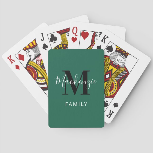 Modern Green Custom Family Monogram Initial Poker Cards (Back)