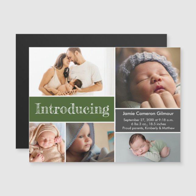 Modern Green Custom Photos Introducing Baby boy  Magnetic Invitation (Front/Back)