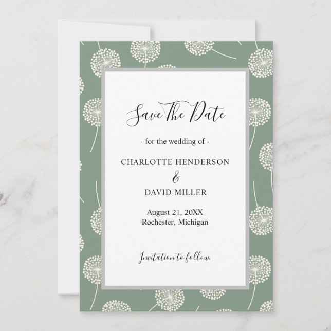 Modern Green Dandelion Save the Date (Front)