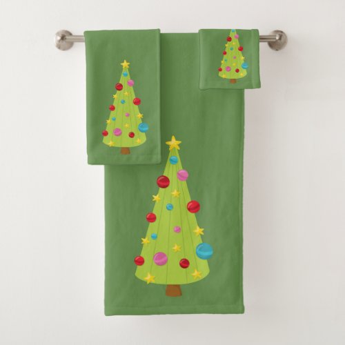 Modern Green Decorated Tree Christmas  Bath Towels