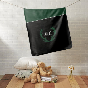 Modern Green Deer Antlers Monogram Baby Blanket