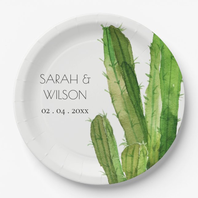 MODERN GREEN DESERT CACTUS FOLIAGE WATERCOLOR PAPER PLATES (Front)