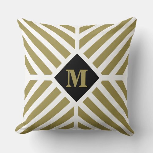 Modern Green Diagonal Stripes Monogram Throw Pillow