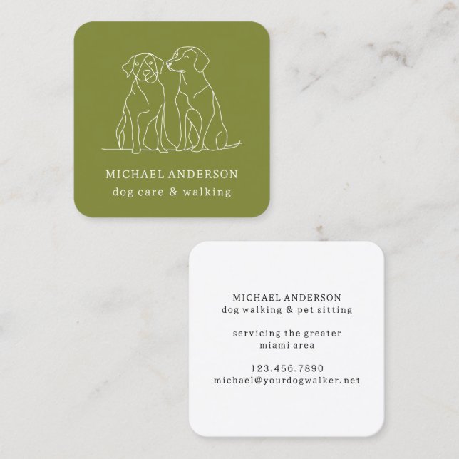 Modern Green Dog Walking Dog Walker Pet Sitter Square Business Card (Front/Back)