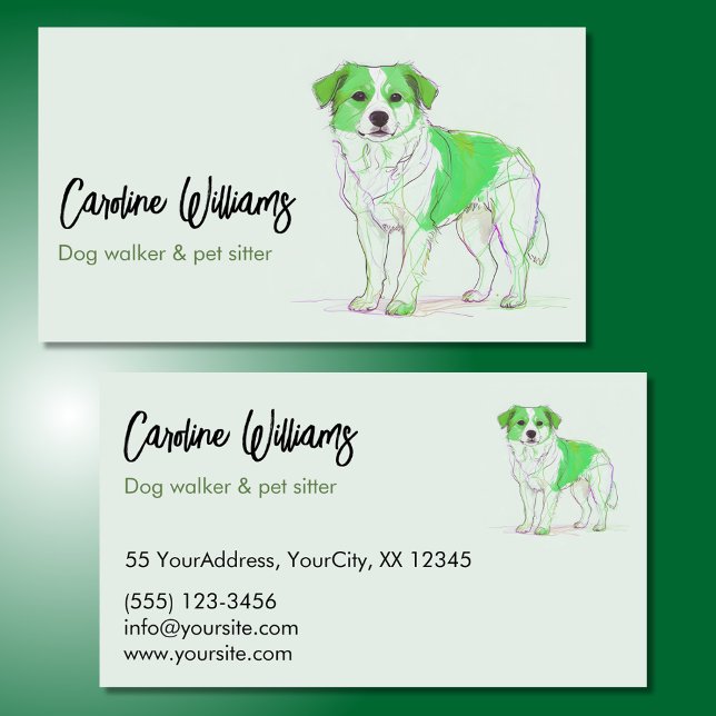 Modern green drawing dog walker pet sitter business card (Creator Uploaded)