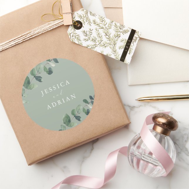 Modern Green Elegance Wedding Classic Round Sticker (Gifting)