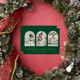 Modern Green Elegant Arch Photo Collage Christmas Foil Holiday Card