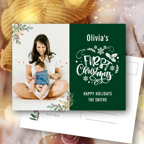 Modern Green Elegant Floral Baby First Christmas Holiday Postcard