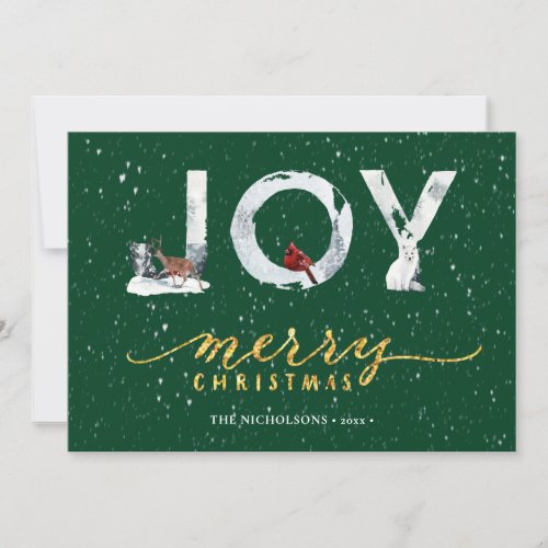 Modern Green Elegant Gold Script JOY Snow Overlay Holiday Card