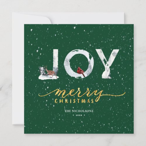 Modern Green Elegant Gold Script JOY Snow Overlay Holiday Card