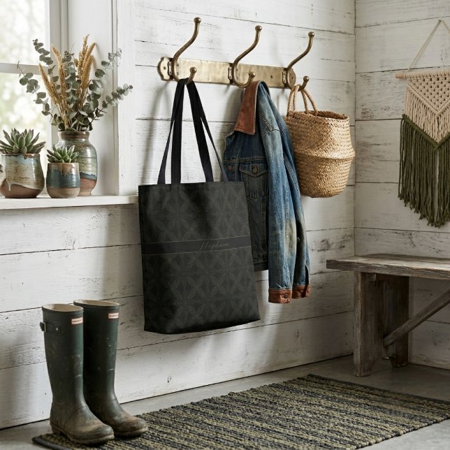 Modern Green Elegant Leaf Pattern With Monogram Tote Bag (Creator Uploaded)