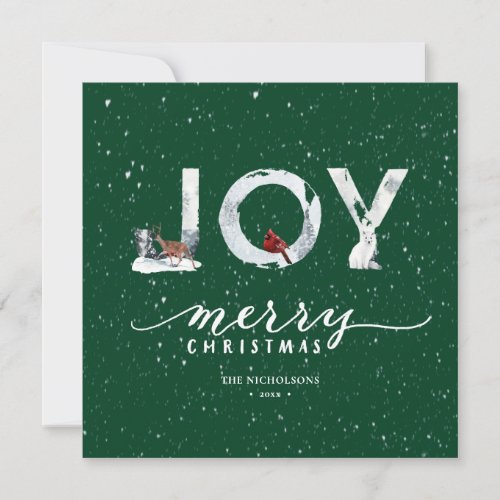 Modern Green Elegant Script JOY White Snow Overlay Holiday Card