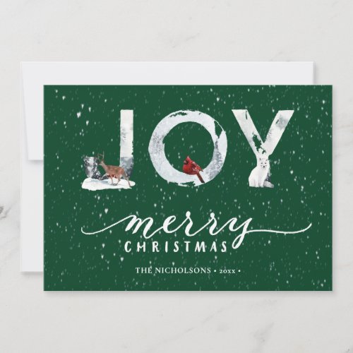 Modern Green Elegant Script JOY White Snow Overlay Holiday Card