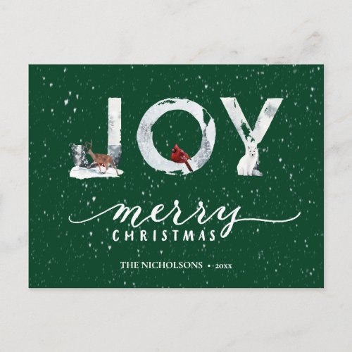 Modern Green Elegant Script JOY White Snow Overlay Holiday Postcard