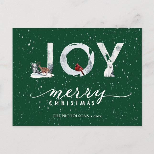 Modern Green Elegant Script JOY White Snow Overlay Holiday Postcard (Front)