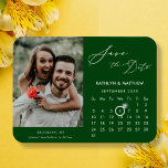 Modern Green Elegant Script Photo Save the Date Magnet<br><div class="desc">Modern Sage Green background Elegant Script ‘Save the Date’ Magnet featuring Custom Calendar with a beautiful Photo. Let your family, friends and colleagues know that you have set a date for your wedding celebration with this elegant magnet. To move the Ring marker > click blue ‘Personalize’ > scroll down >...</div>