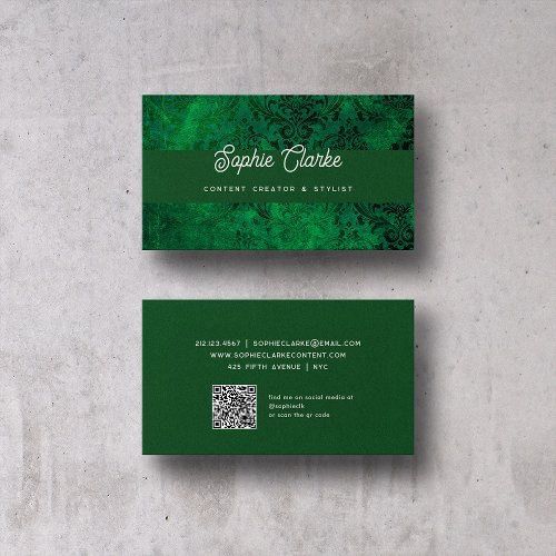 Modern Green  Elegant Script with QR Code Business Card