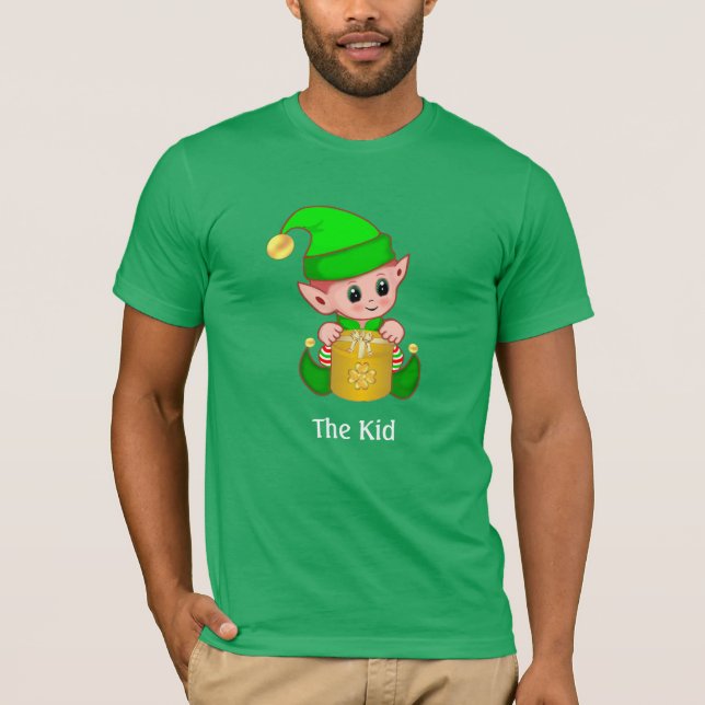 Modern Green Elf & Personalized Text T-Shirt (Front)