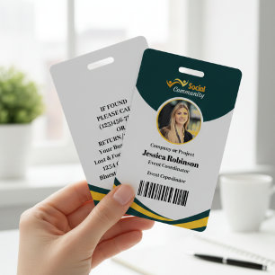 Modern Green Employee Photo ID Badge with Barcode 
