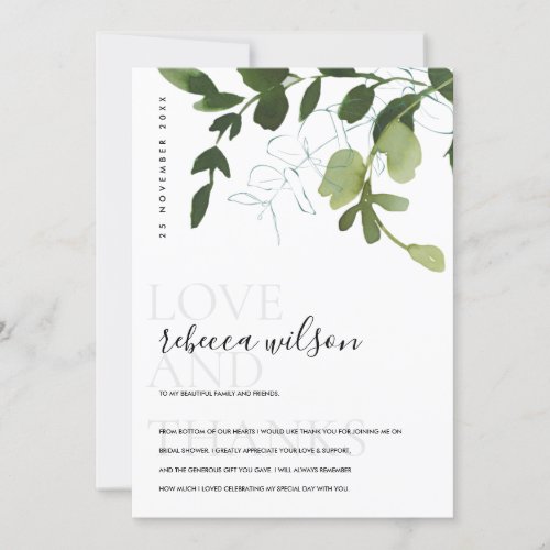 Modern Green Eucalyptus Foliage Bridal Shower Thank You Card
