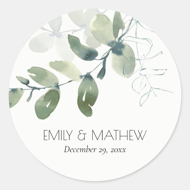 MODERN GREEN EUCALYPTUS FOLIAGE WATERCOLOR WEDDING CLASSIC ROUND STICKER (Front)