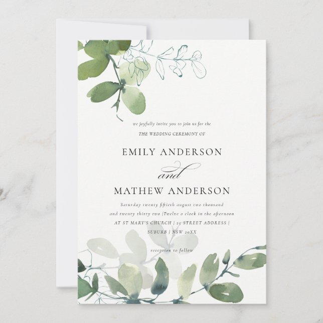 MODERN GREEN EUCALYPTUS FOLIAGE WATERCOLOR WEDDING INVITATION (Front)
