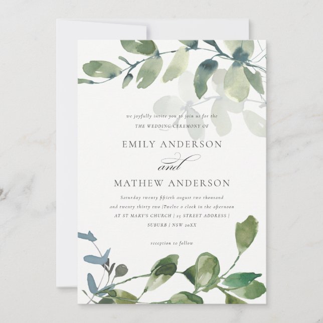 MODERN GREEN EUCALYPTUS FOLIAGE WATERCOLOR WEDDING INVITATION (Front)