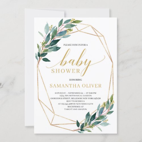 Modern Green eucalyptus gold geometric baby shower Invitation