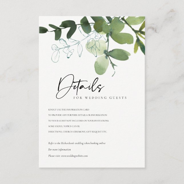 MODERN GREEN EUCALYPTUS GROVE WEDDING DETAILS ENCLOSURE CARD (Front)