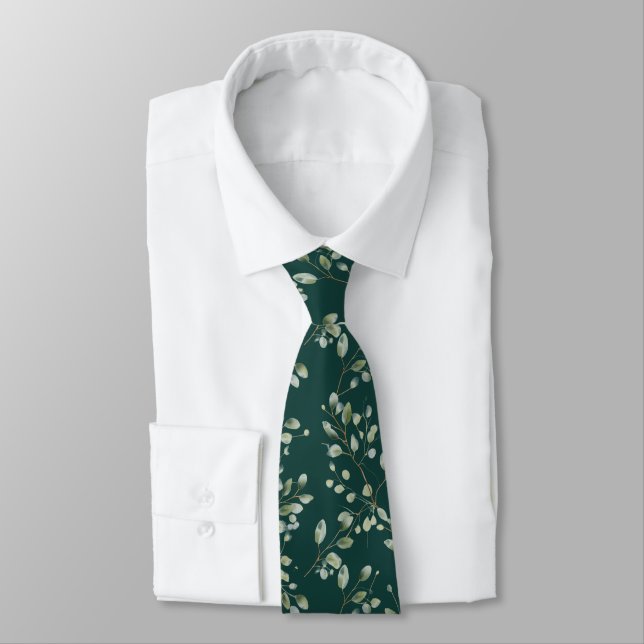 Modern Green Eucalyptus Leaf Pattern  Neck Tie (Tied)