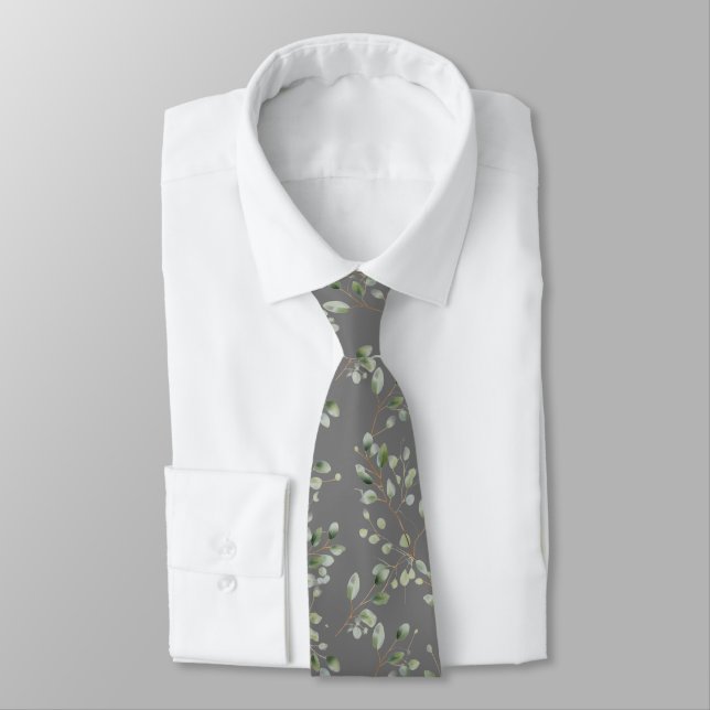 Modern Green Eucalyptus Leaf Pattern  Neck Tie (Tied)