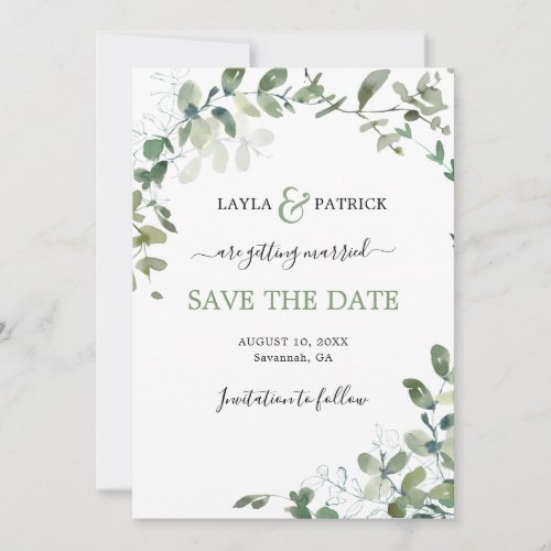 Modern Green Eucalyptus Wedding Save The Date Card