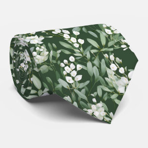 Modern Green Eucalyptus White Flower Pattern Neck Tie
