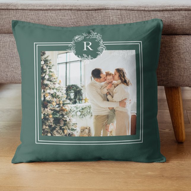 Modern  Green | Family Photo | Initial Throw Pillow (Creator Uploaded)