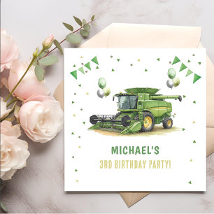 Modern Green Farm Tractor 3rd Birthday Napkins