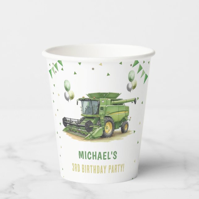 Modern Green Farm Tractor 3rd Birthday Paper Cups (Front)