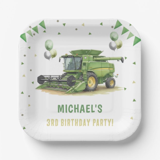 Modern Green Farm Tractor 3rd Birthday Paper Plates (Front)