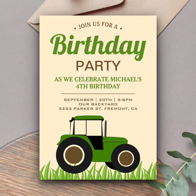 Modern Green Farm Tractor Kids Birthday Party Invitation | Zazzle