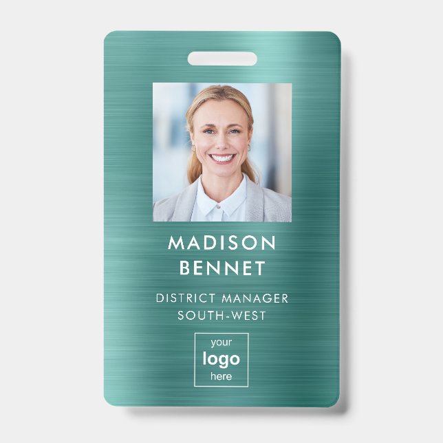 Modern Green Faux Metallic Corporate Photo  Badge (Front)