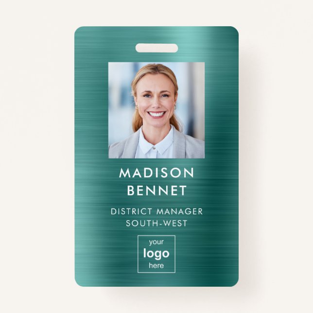 Modern Green Faux Metallic Corporate Photo  Badge (Front)