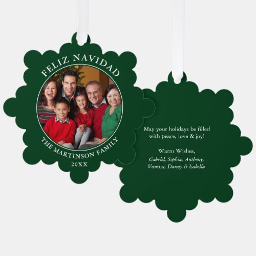 Modern Green Feliz Navidad Photo Ornament Card