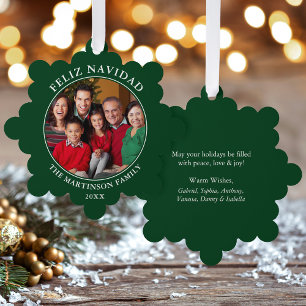 Modern Green Feliz Navidad Photo Ornament Card