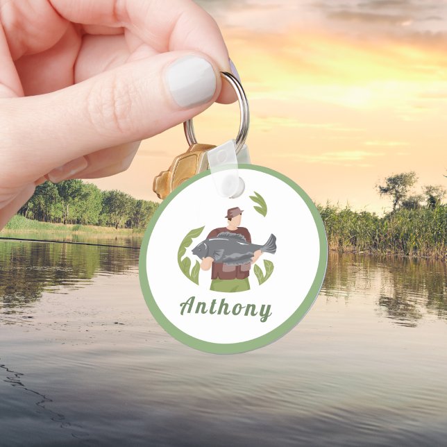 Modern Green Fisherman Illustration Fishing Name  Keychain (Creator Uploaded)