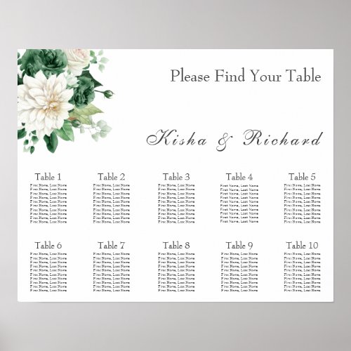 Modern Green Floral 10 Table Wedding seating Chart