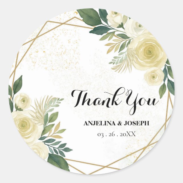 Modern  Green Floral gold Wedding Favor Thank You  Classic Round Sticker (Front)