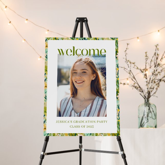 Modern Green Floral Graduation Photo Welcome Sign (In Situ (Stand))