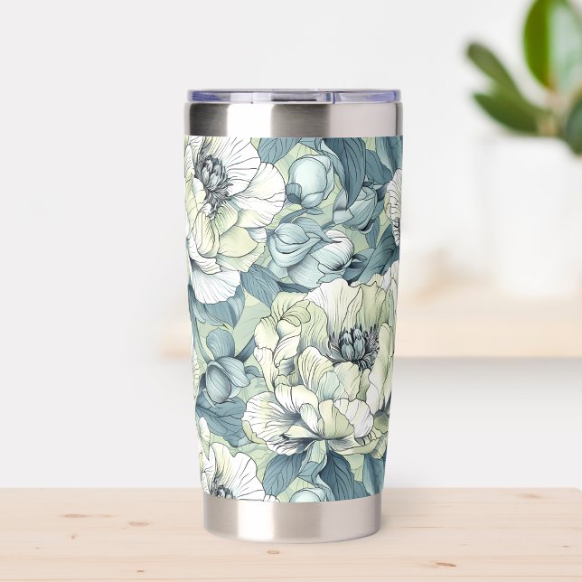 Modern Green Floral Peony Flower Coffee Lover Insulated Tumbler (Modern Green Floral Peony Flower Coffee Lover Insulated Tumbler)
