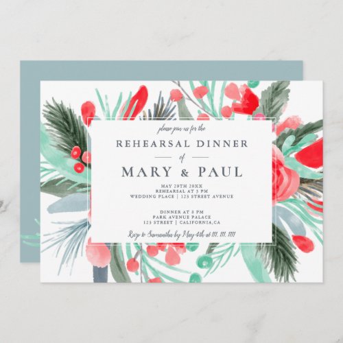 Modern green floral watercolor rehearsal dinner invitation