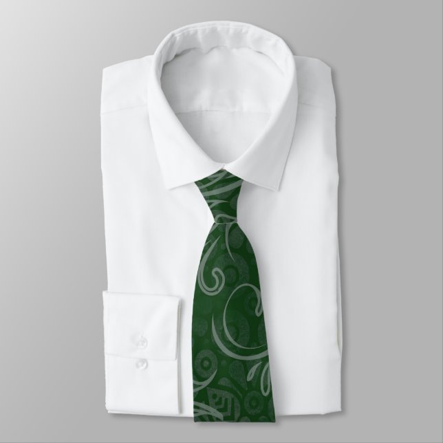 Modern Green Flourishes and Flowers Groomsmen Neck Tie (Tied)