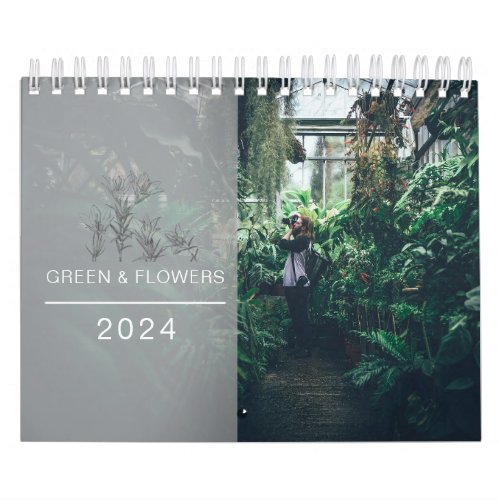 Modern Green  Flowers Family Photos Collage 2024 Calendar